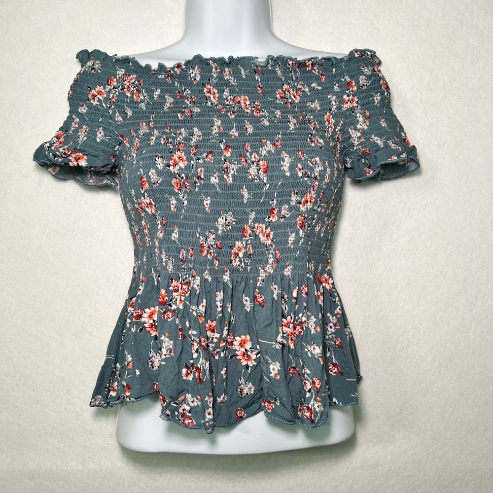Japna Women's Floral Smocked Off Shoulder Peplum Whimsigoth Ditsy Boho Top Sz M